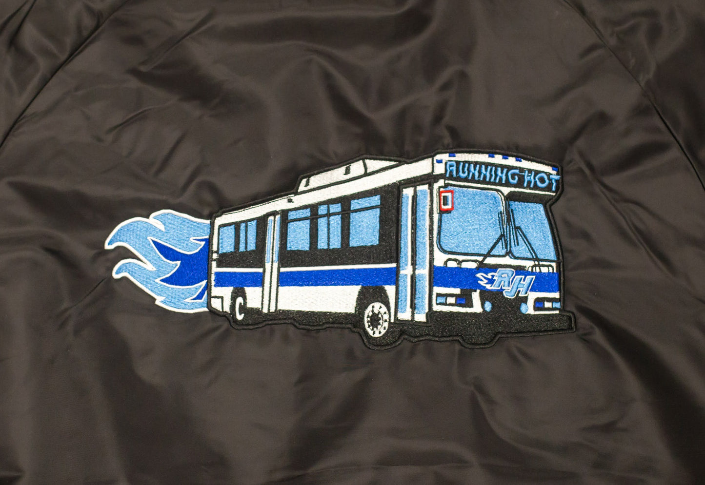 The Running Hot "Blue OG" Black Varsity Bomber Jacket